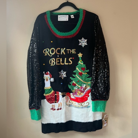 NEW Merry & Bright Ugly Sweater Christmas Rock the Bells PlusSize 2X Sequin Lama - Picture 2 of 14
